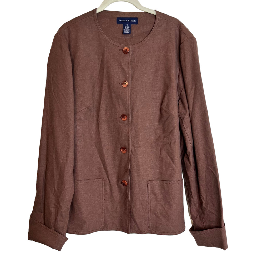 Preston & York Womens Linen Blend Blazer Size 14 Brown Pockets Lined Lagenlook